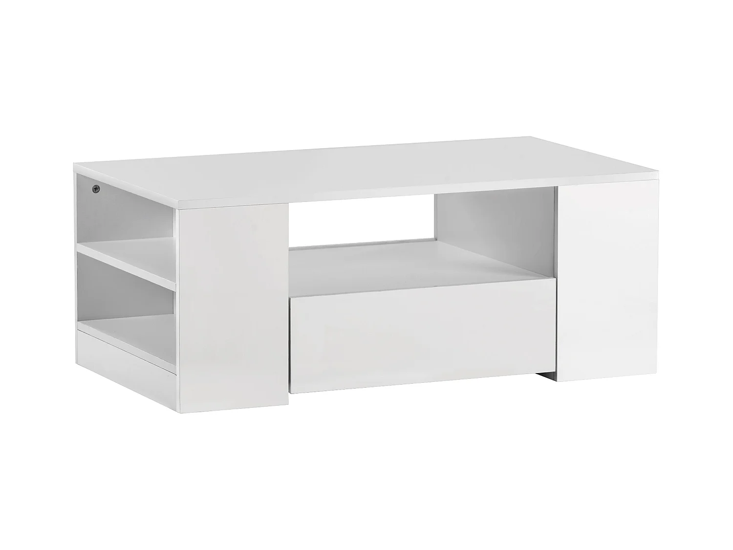 Table basse moderne avec 2 tiroirs et étagères, LED, blanc laqué