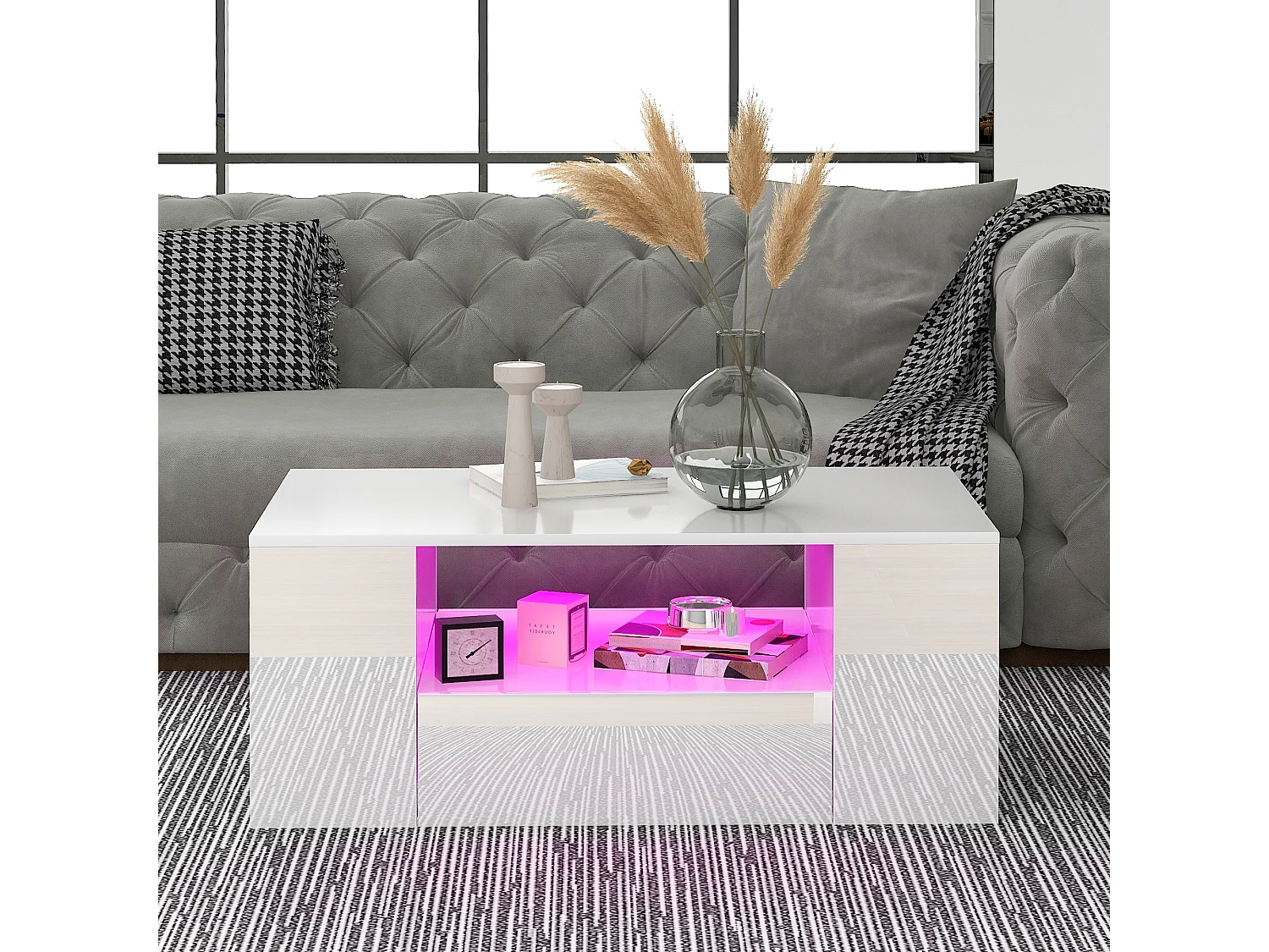 Table basse moderne avec 2 tiroirs et étagères, LED, blanc laqué