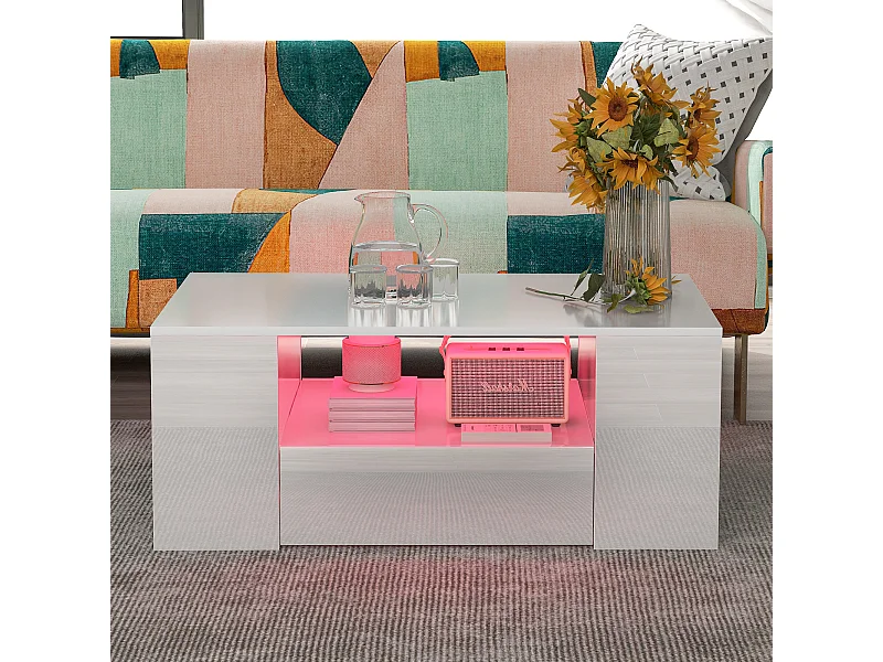 Moderne salontafel met 2 lades en planken, LED, wit gelakt