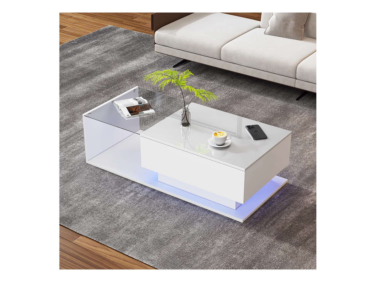 Table basse design avec LED intelligente, Blanc brillant et verre intégré, 100x50 cm