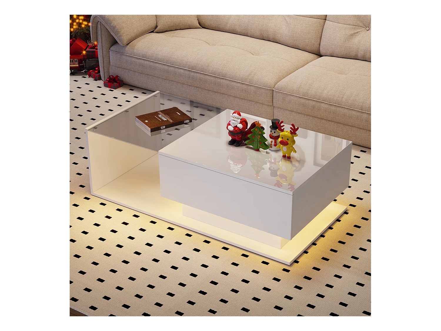 Table basse design avec LED intelligente, Blanc brillant et verre intégré, 100x50 cm