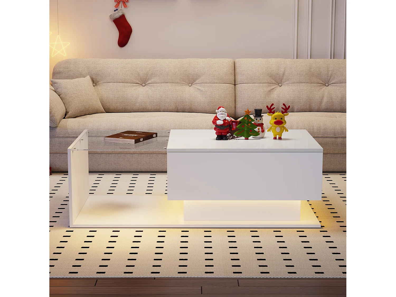 Mesa de centro de design com LED inteligente, branco brilhante e vidro integrado, 100x50 cm