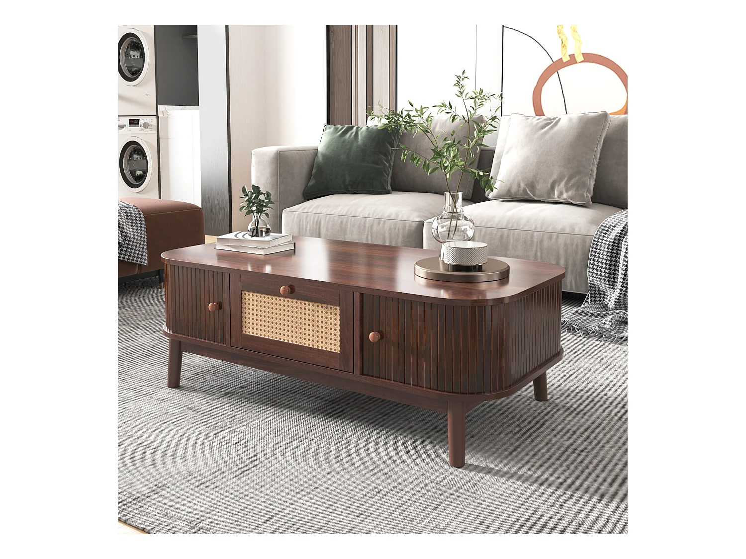 Table basse 110x55cm en placage noyer avec rotin, grand espace de rangement, Naturel foncé