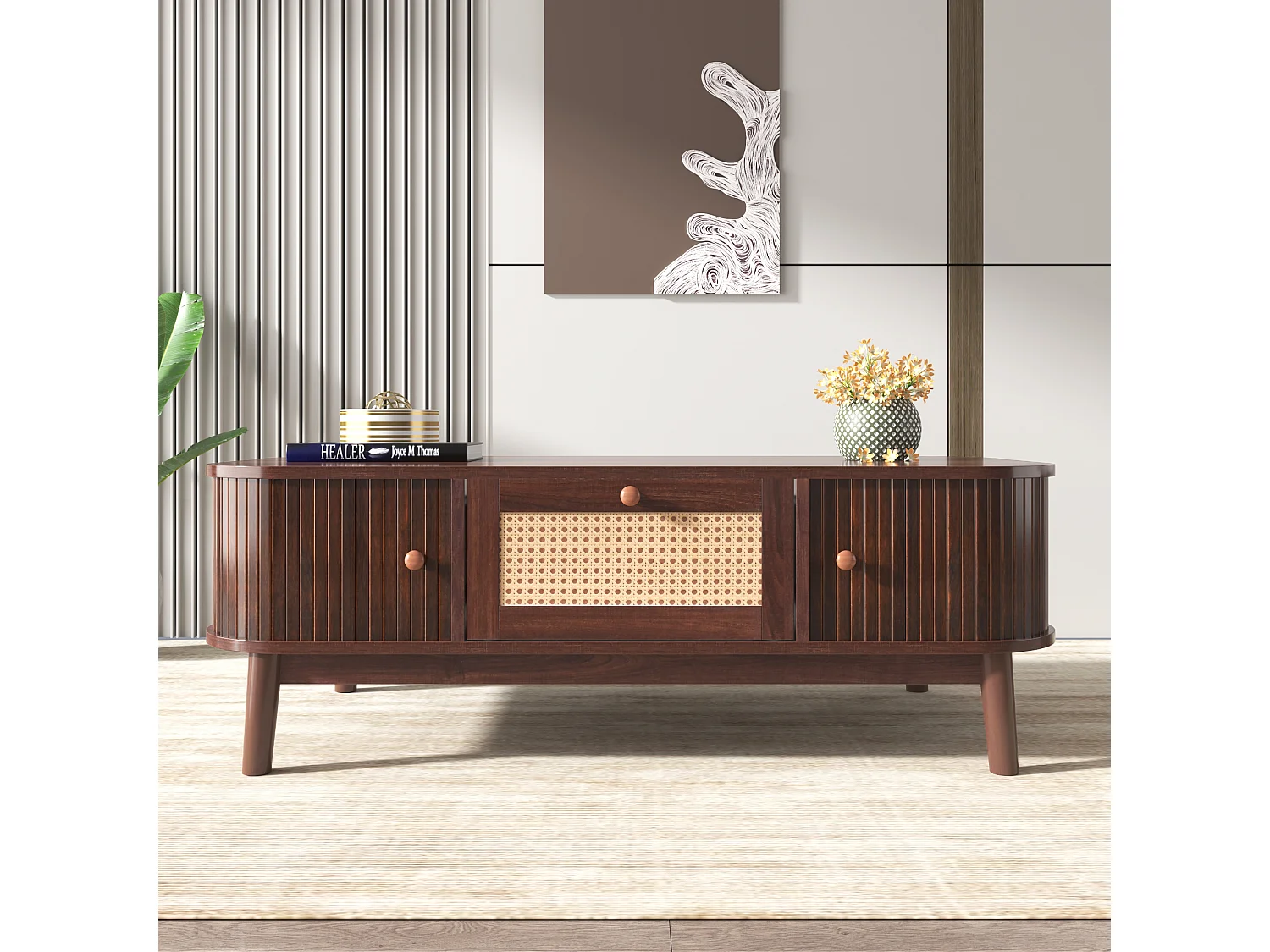 Table basse 110x55cm en placage noyer avec rotin, grand espace de rangement, Naturel foncé