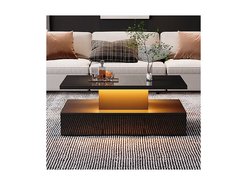 Tavolino da caffè moderno rettangolare laccato nero con cassetto e LED