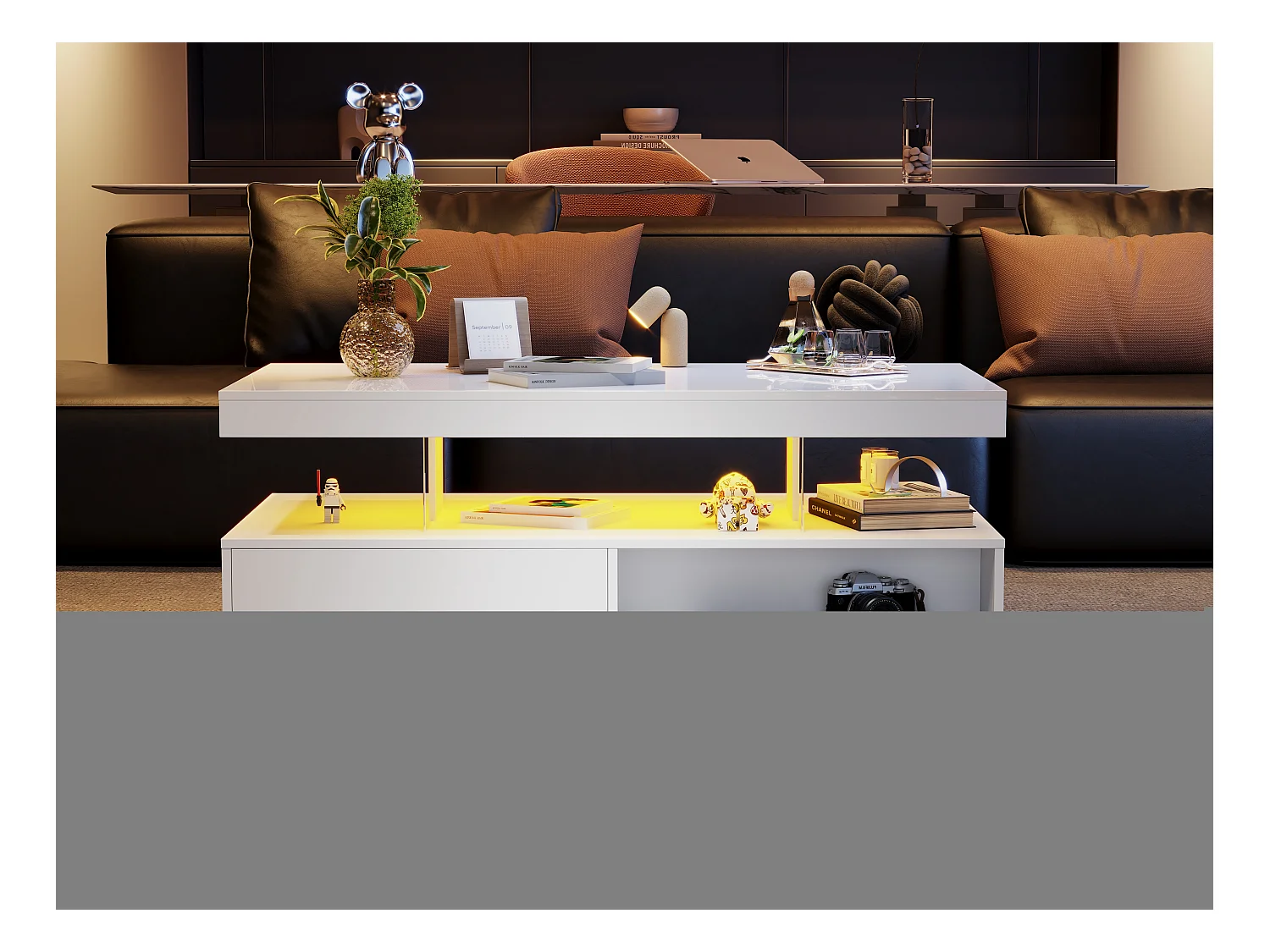 Table basse blanc brillant avec éclairage LED connecté et rangements intelligents