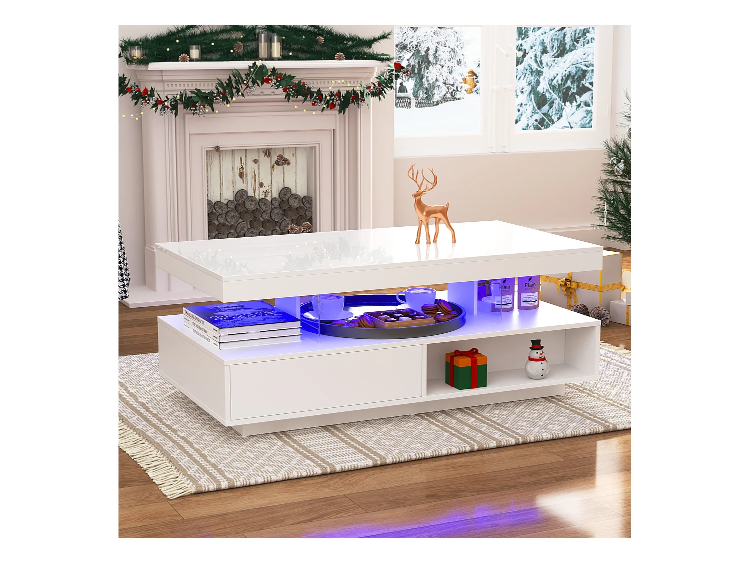 Table basse blanc brillant avec éclairage LED connecté et rangements intelligents