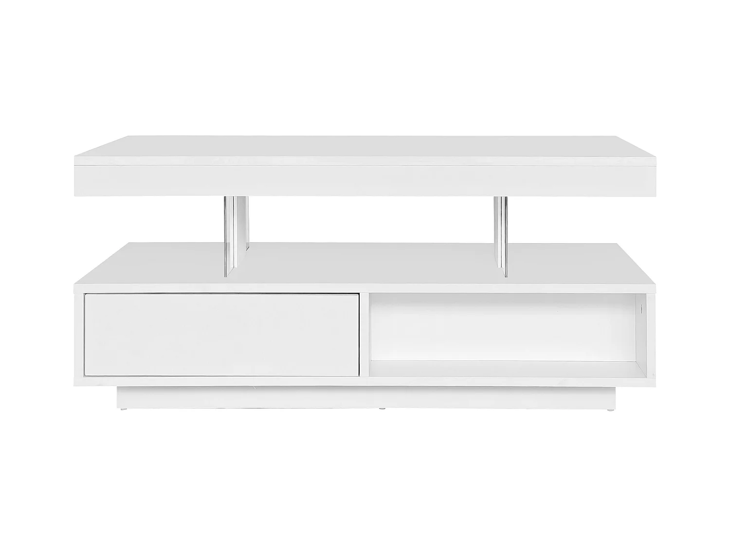 Table basse blanc brillant avec éclairage LED connecté et rangements intelligents