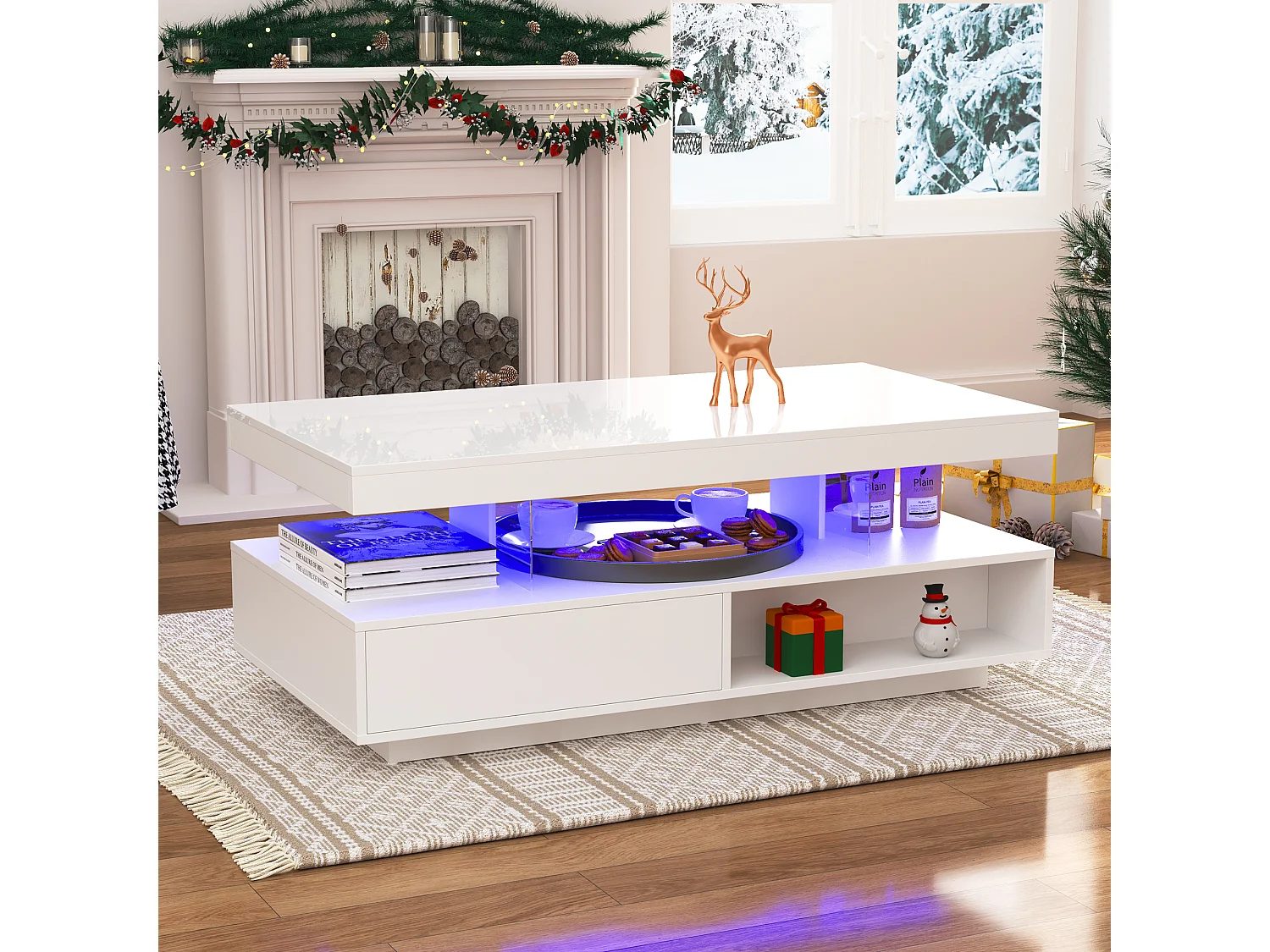 Table basse blanc brillant avec éclairage LED connecté et rangements intelligents