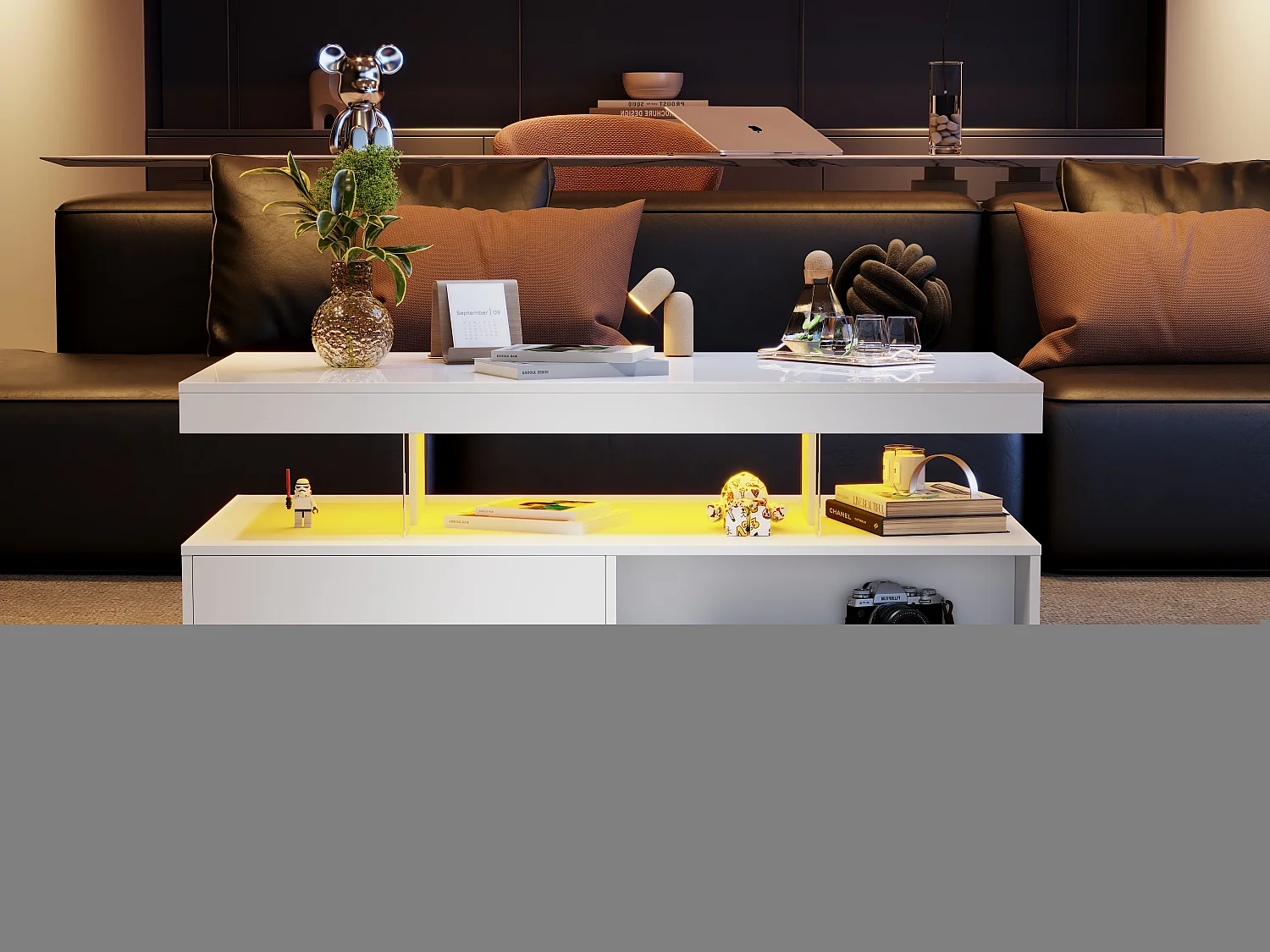 Table basse blanc brillant avec éclairage LED connecté et rangements intelligents