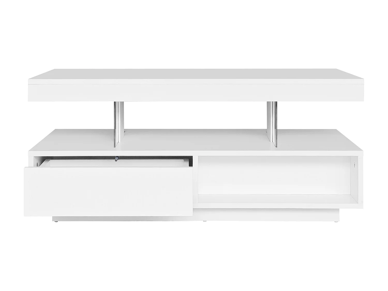 Table basse blanc brillant avec éclairage LED connecté et rangements intelligents