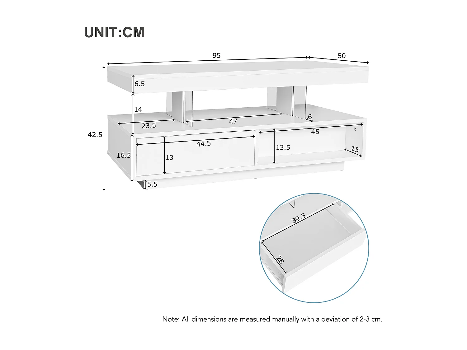 Table basse blanc brillant avec éclairage LED connecté et rangements intelligents