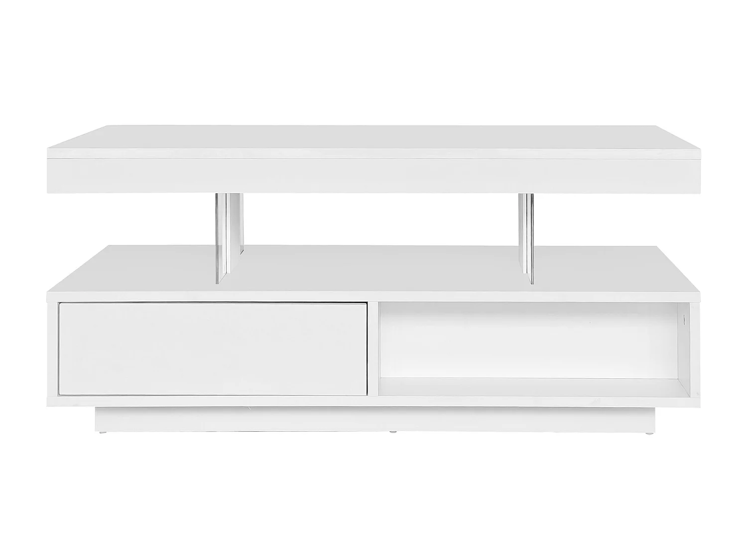 Table basse blanc brillant avec éclairage LED connecté et rangements intelligents