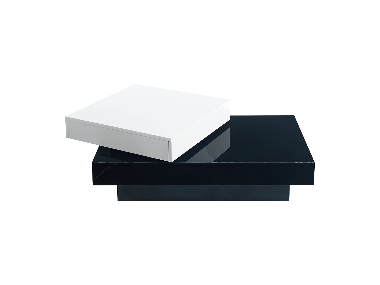 Table basse pivotante avec 2 étagères ouvertes, blanc et noir, surface laqué