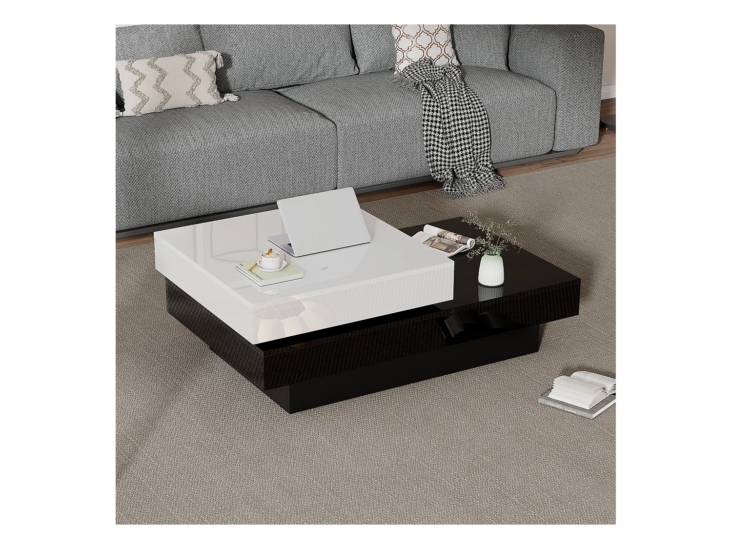Table basse pivotante avec 2 étagères ouvertes, blanc et noir, surface laqué