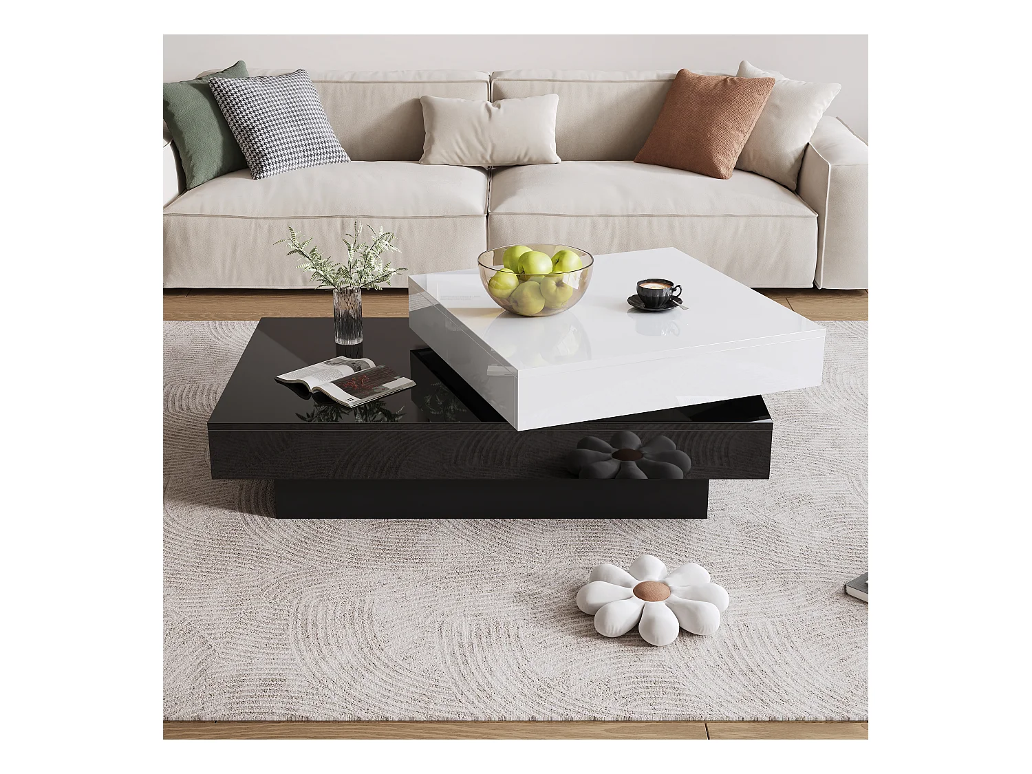 Table basse pivotante avec 2 étagères ouvertes, blanc et noir, surface laqué