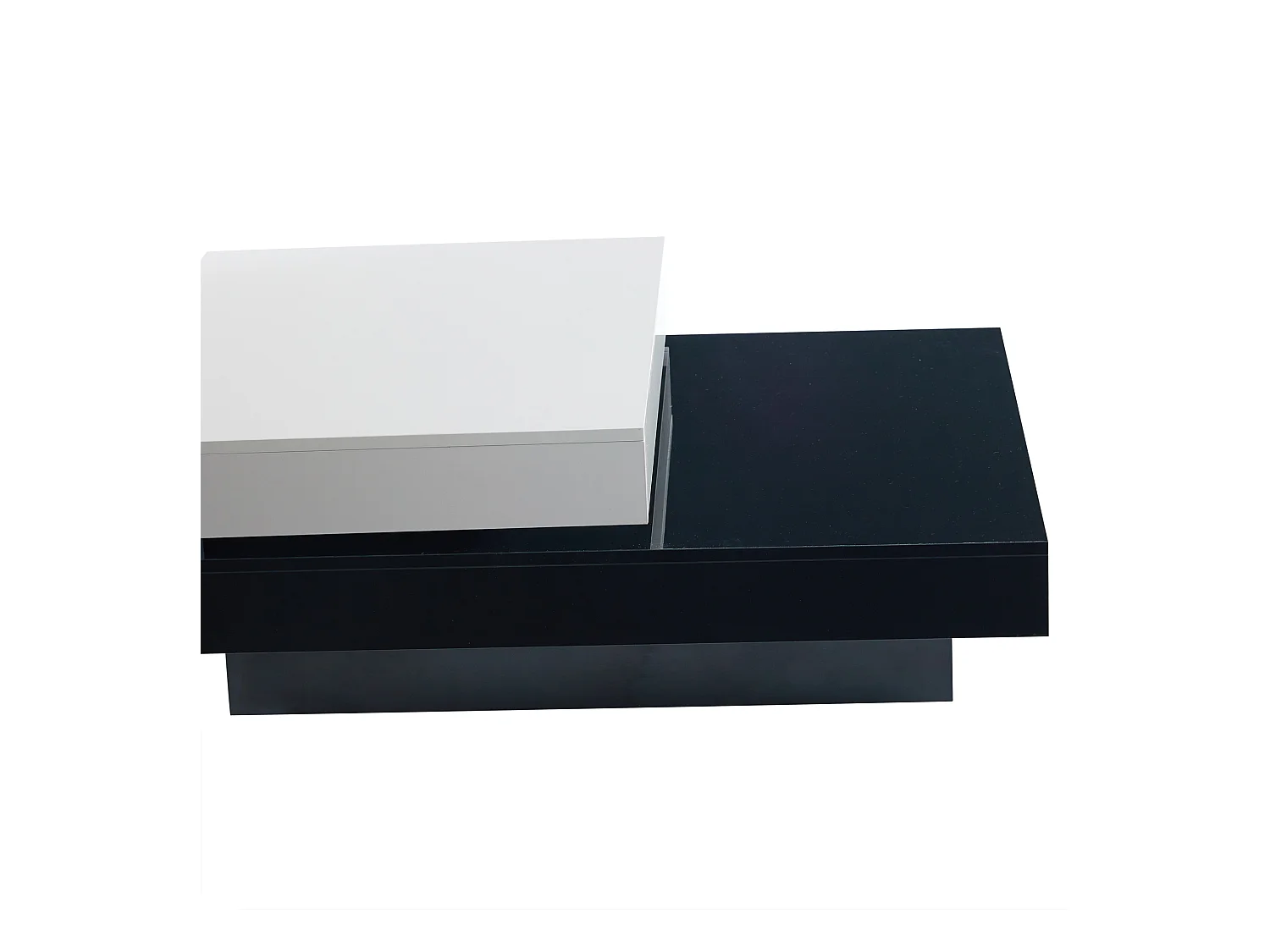 Table basse pivotante avec 2 étagères ouvertes, blanc et noir, surface laqué