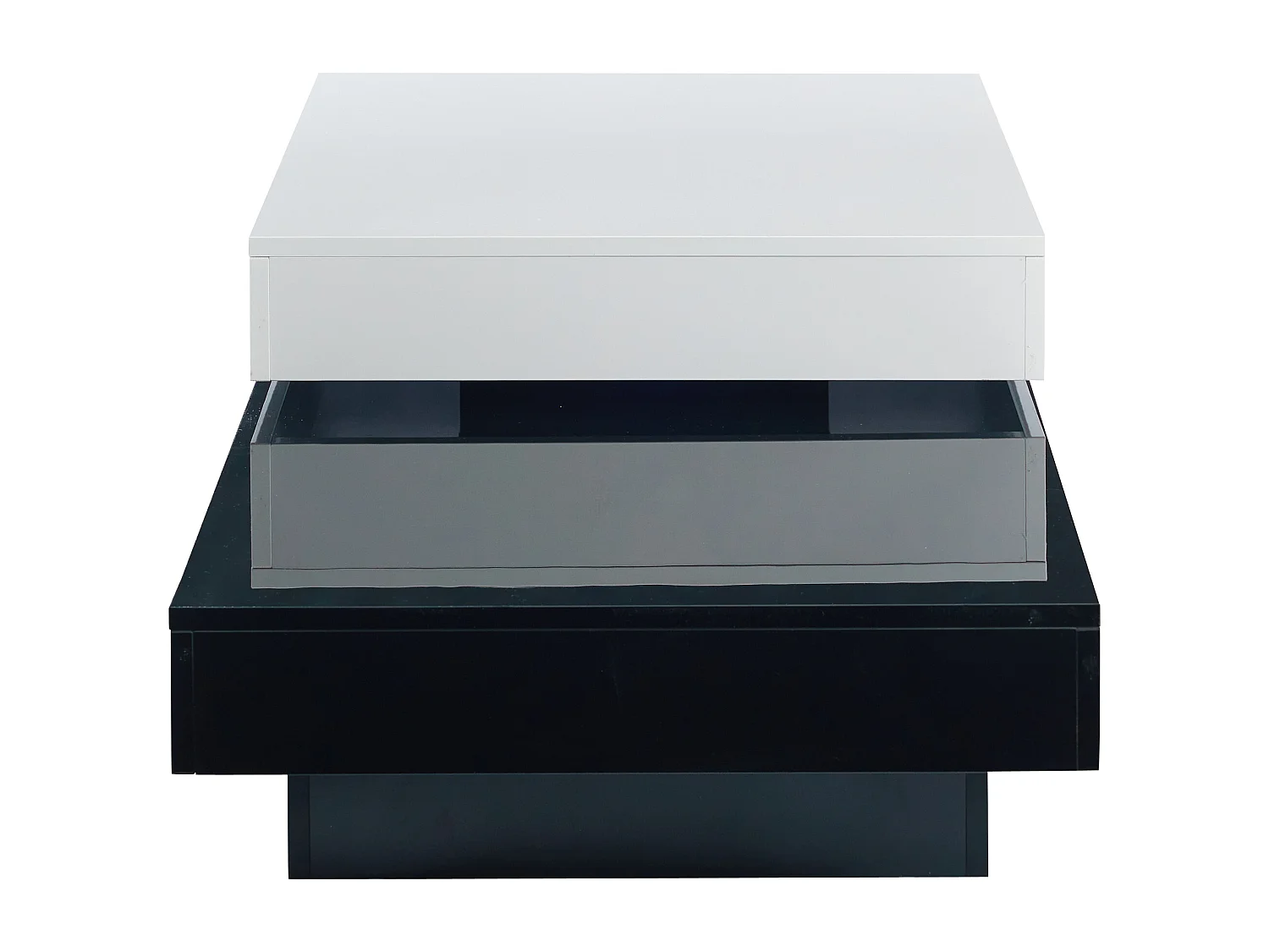 Table basse pivotante avec 2 étagères ouvertes, blanc et noir, surface laqué