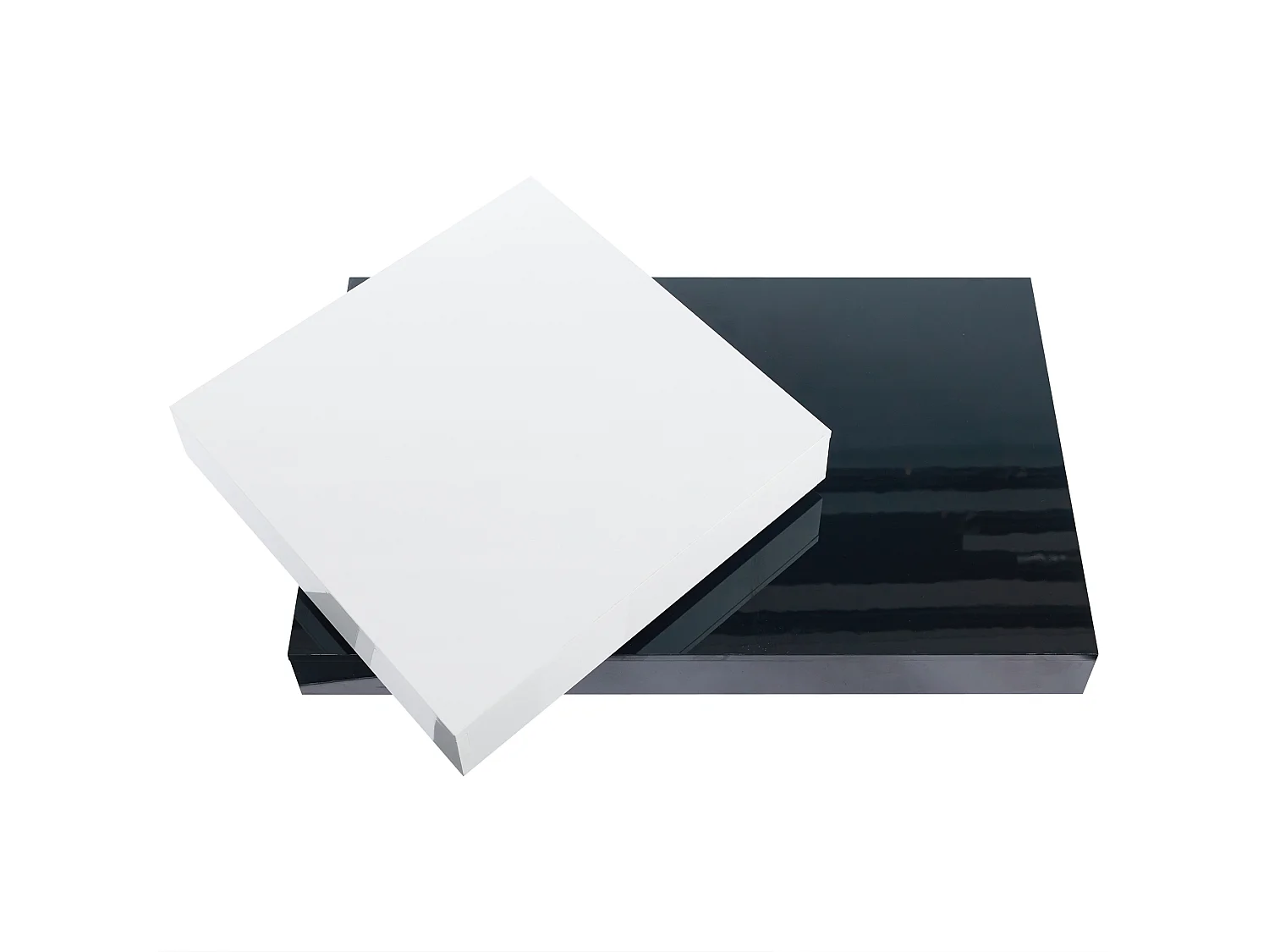 Table basse pivotante avec 2 étagères ouvertes, blanc et noir, surface laqué