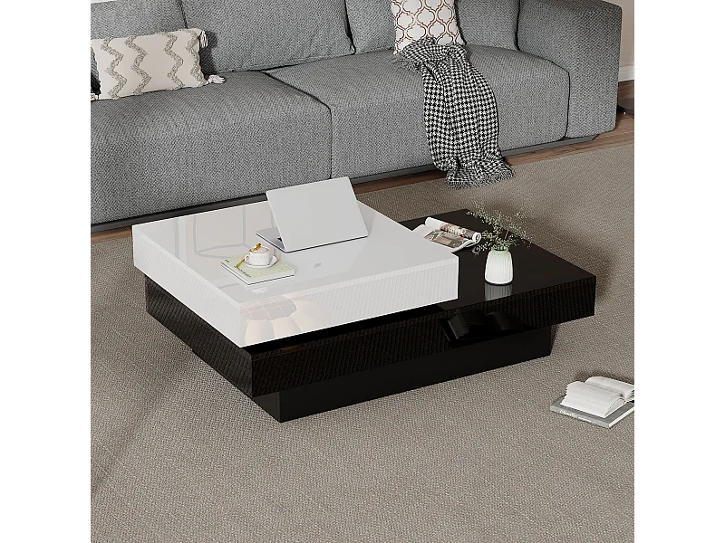 Table basse pivotante avec 2 étagères ouvertes, blanc et noir, surface laqué
