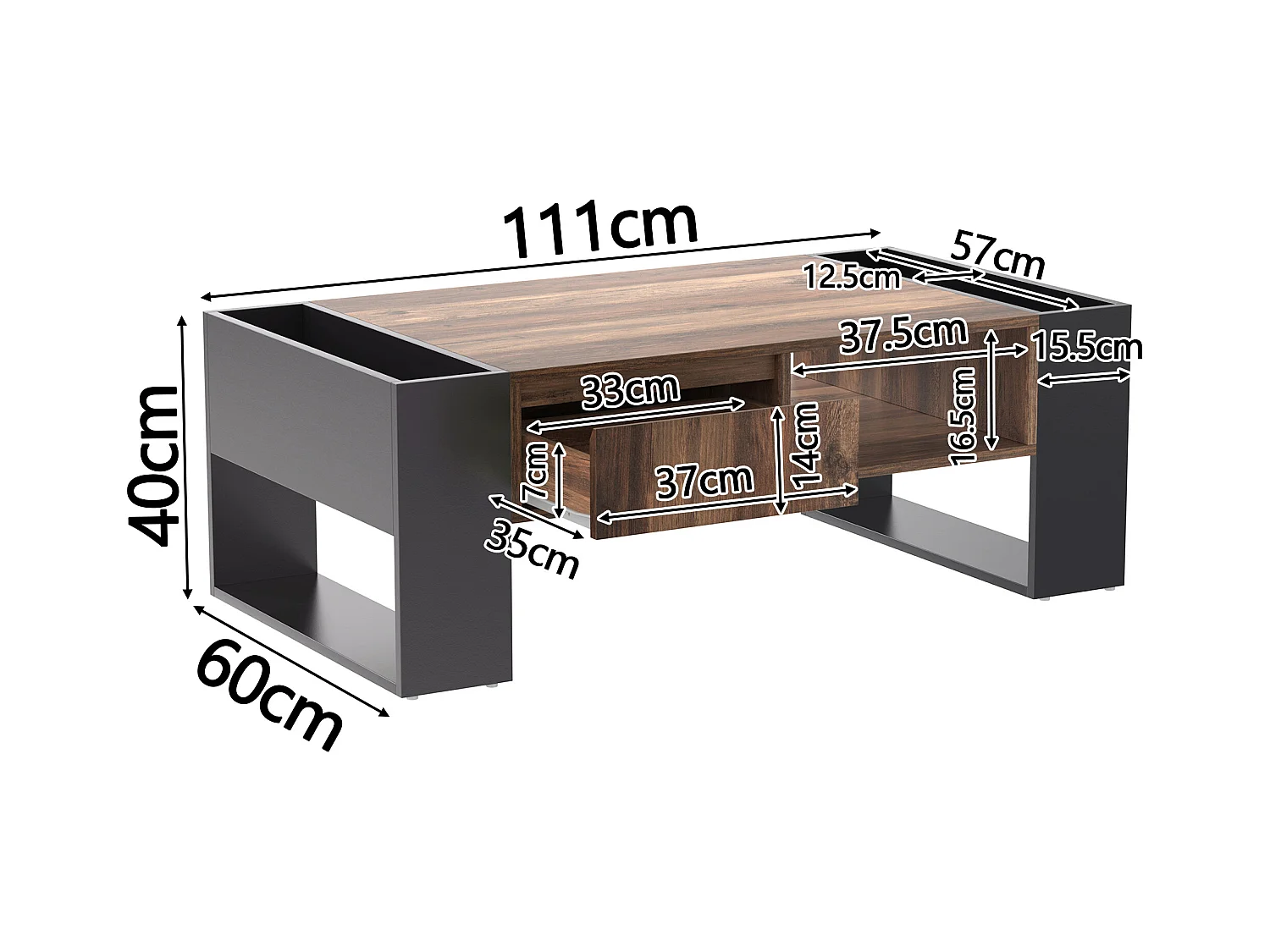 Table basse moderne avec tiroir et compartiments de rangement, woodgrain naturel, gris-noir