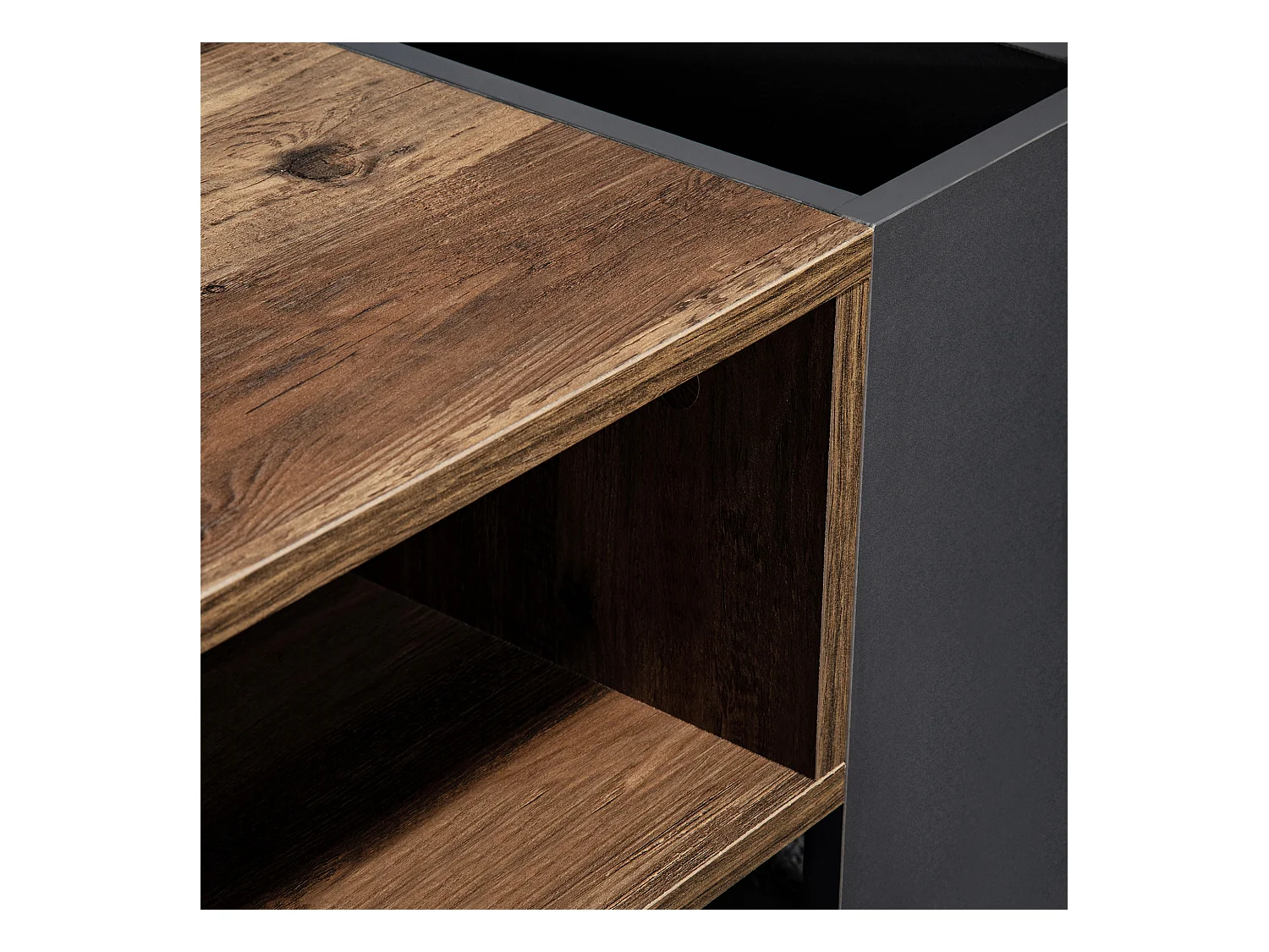 Table basse moderne avec tiroir et compartiments de rangement, woodgrain naturel, gris-noir