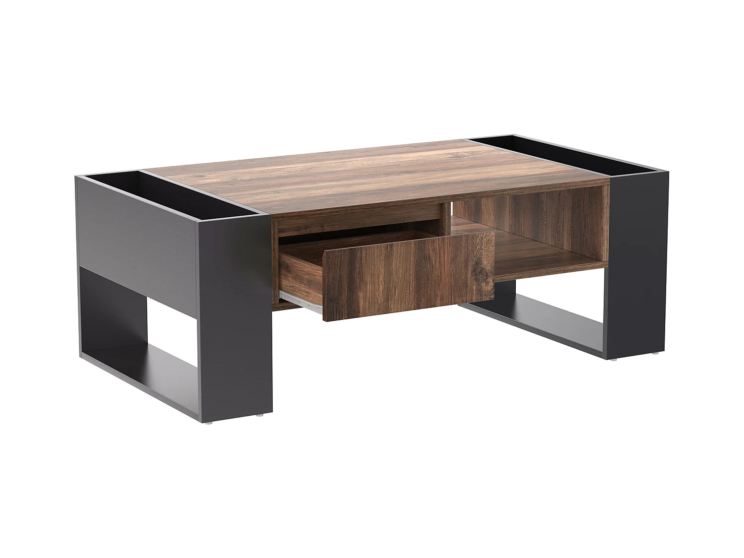 Table basse moderne avec tiroir et compartiments de rangement, woodgrain naturel, gris-noir