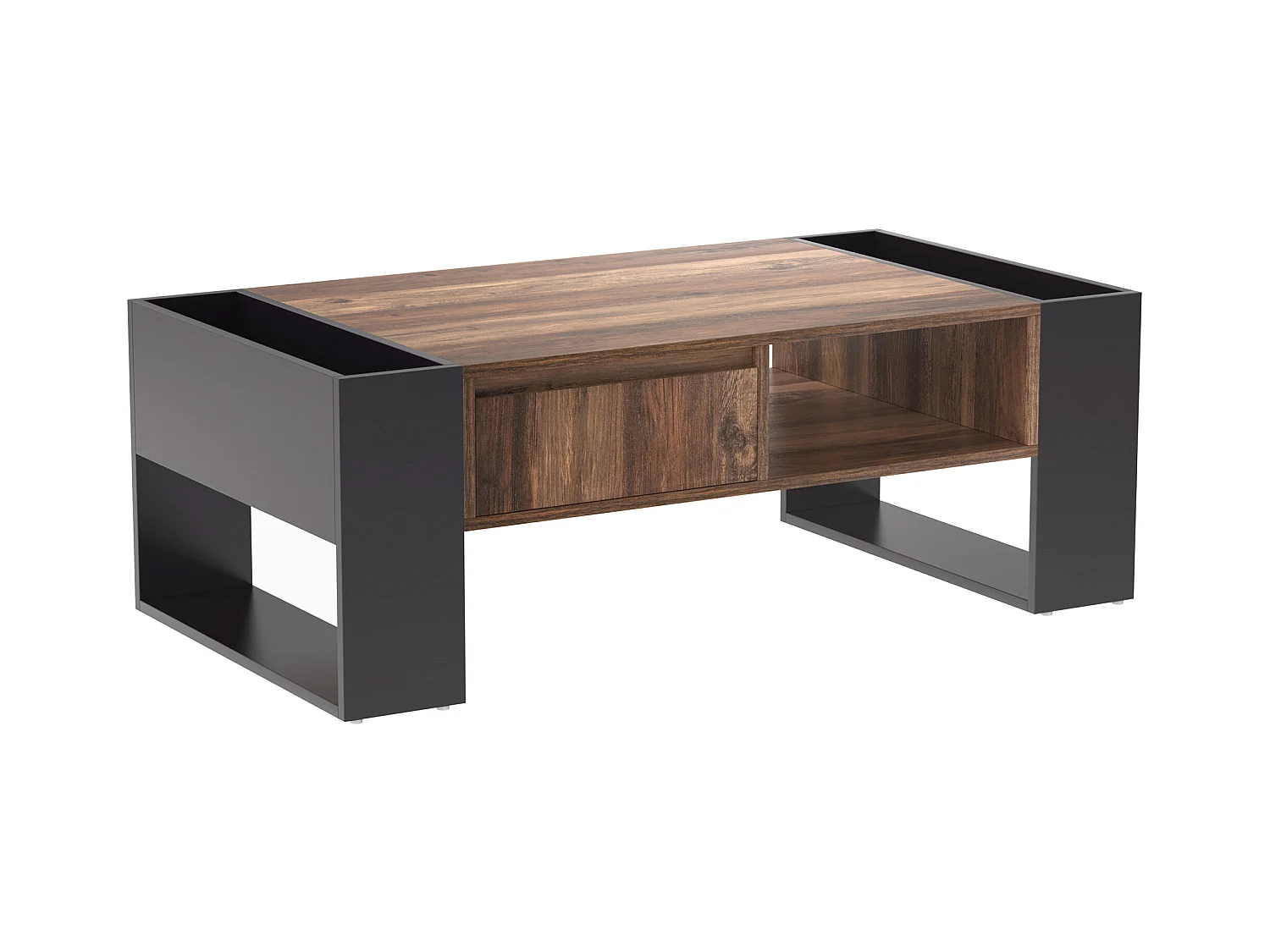 Table basse moderne avec tiroir et compartiments de rangement, woodgrain naturel, gris-noir