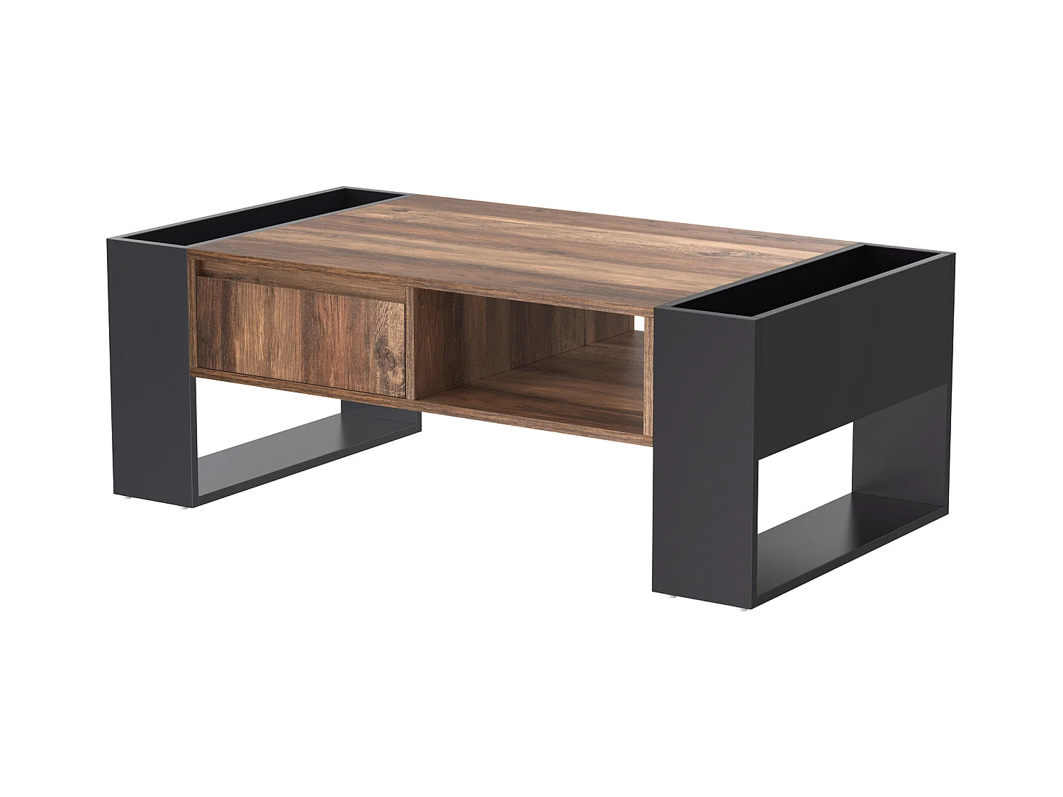 Table basse moderne avec tiroir et compartiments de rangement, woodgrain naturel, gris-noir