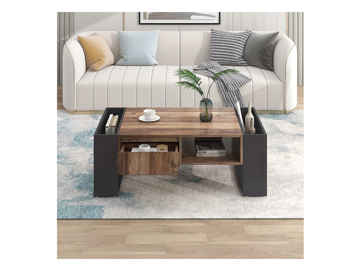 Table basse moderne avec tiroir et compartiments de rangement, woodgrain naturel, gris-noir