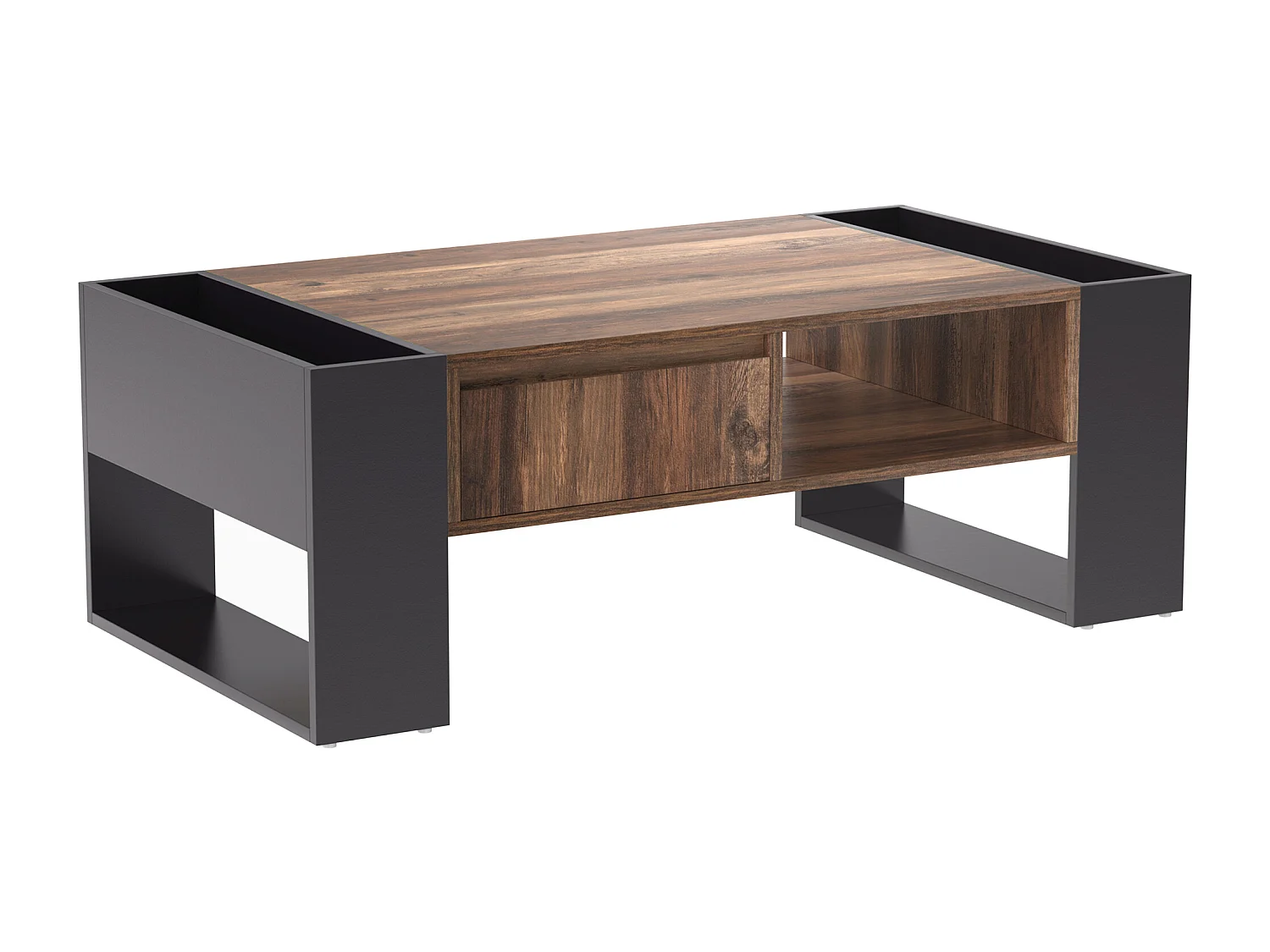Tavolino moderno con cassetto e vani portaoggetti, venature del legno naturale, grigio-nero