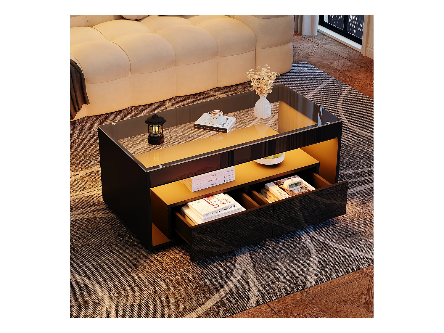 Table basse moderne avec 2 tiroirs et étagères, LED, plateau en verre trempé,surface Noir laqué