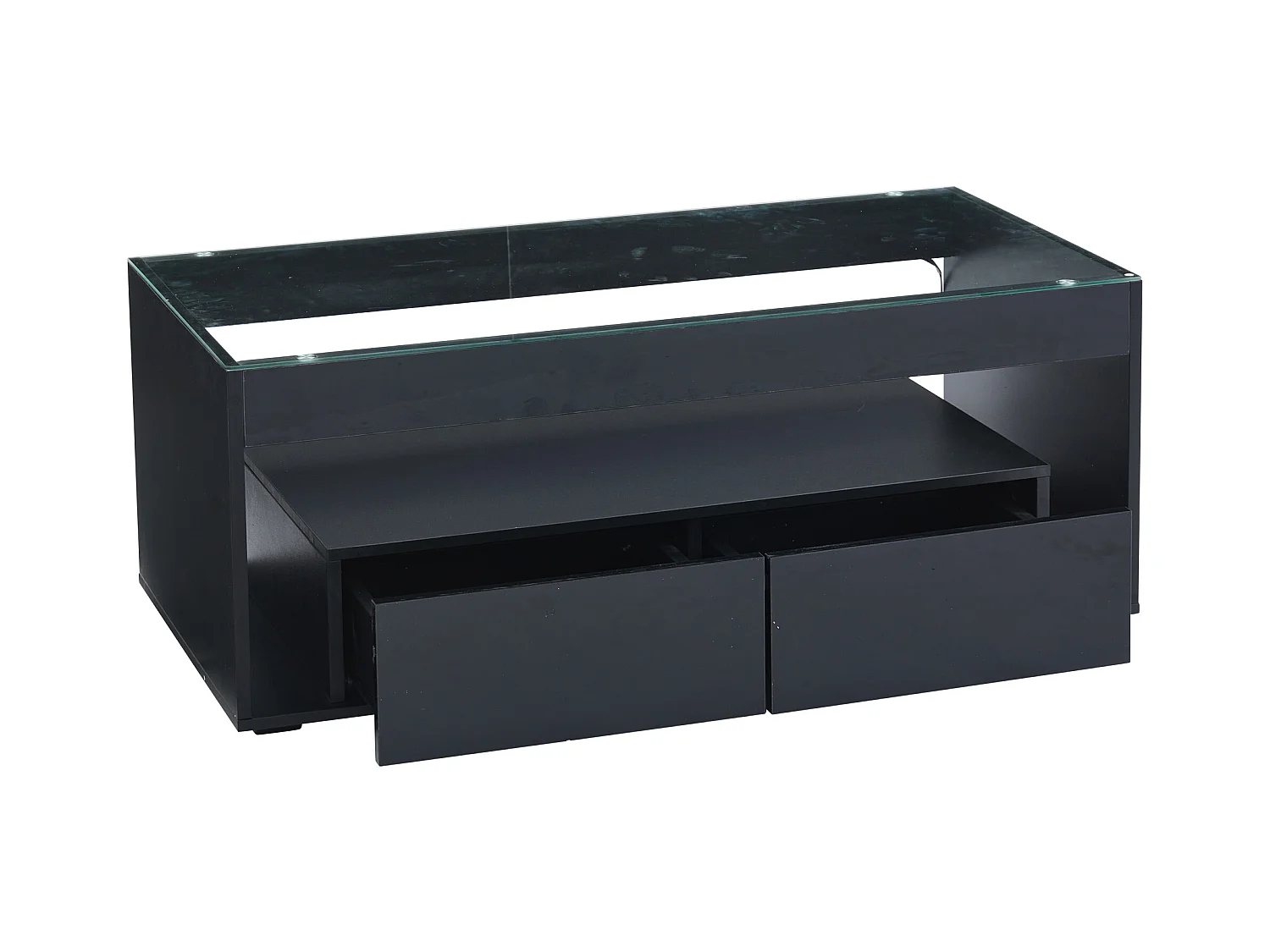Table basse moderne avec 2 tiroirs et étagères, LED, plateau en verre trempé,surface Noir laqué