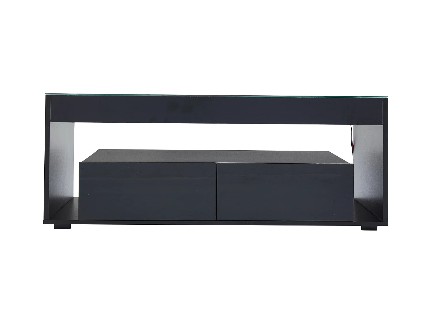 Table basse moderne avec 2 tiroirs et étagères, LED, plateau en verre trempé,surface Noir laqué