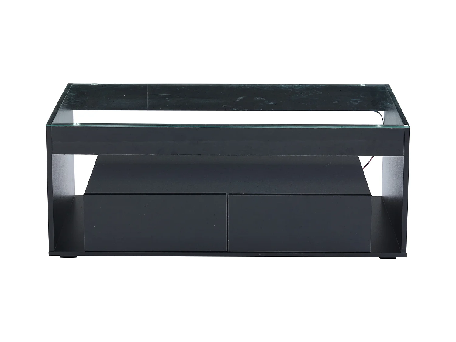 Table basse moderne avec 2 tiroirs et étagères, LED, plateau en verre trempé,surface Noir laqué