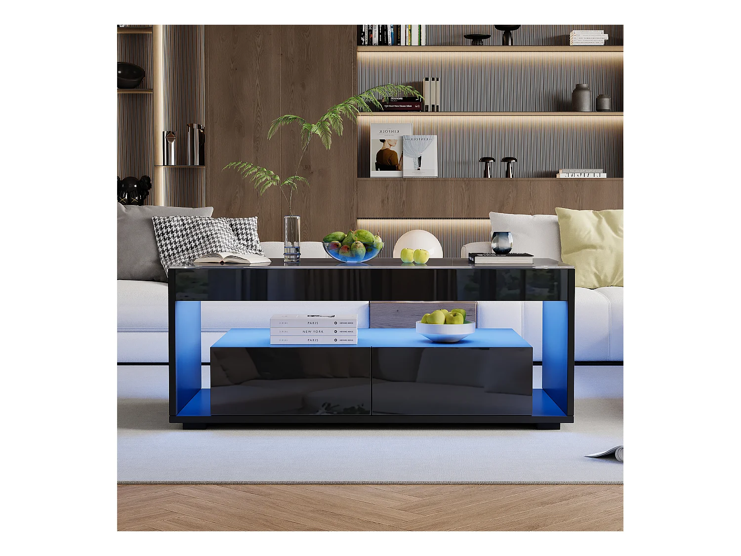 Mesa de centro moderna con 2 cajones y estantes, LED, tapa de cristal templado, superficie lacada en negro.