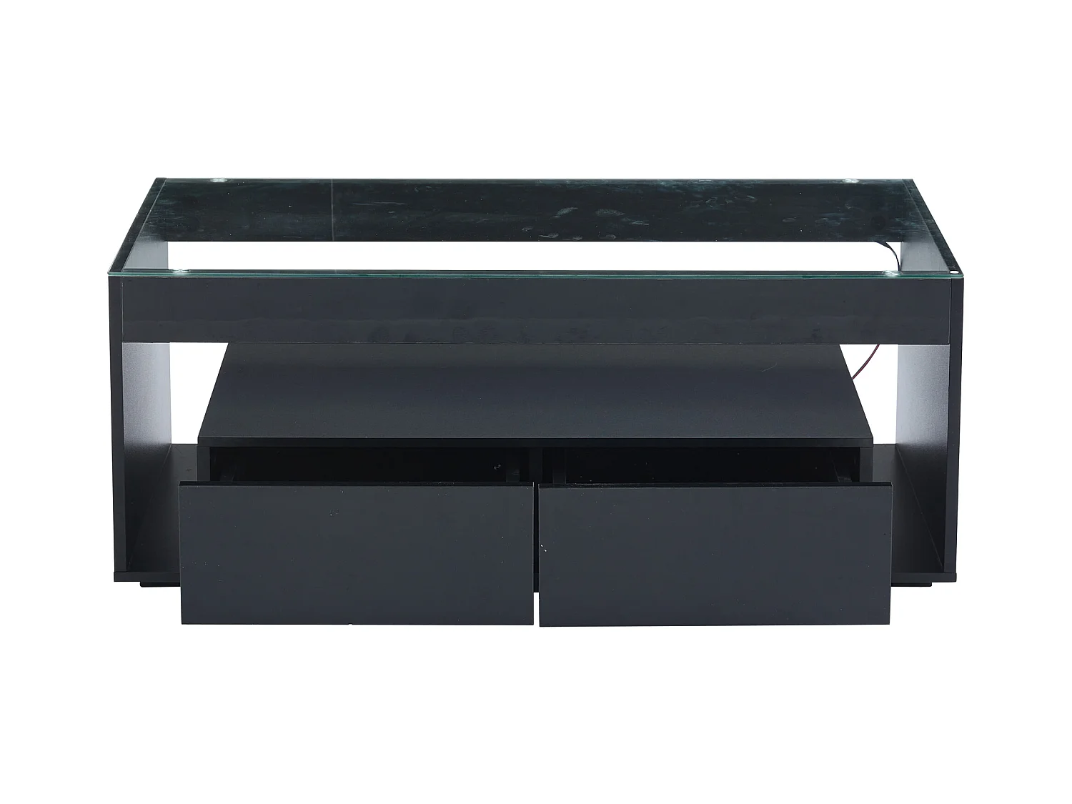 Mesa de centro moderna con 2 cajones y estantes, LED, tapa de cristal templado, superficie lacada en negro.