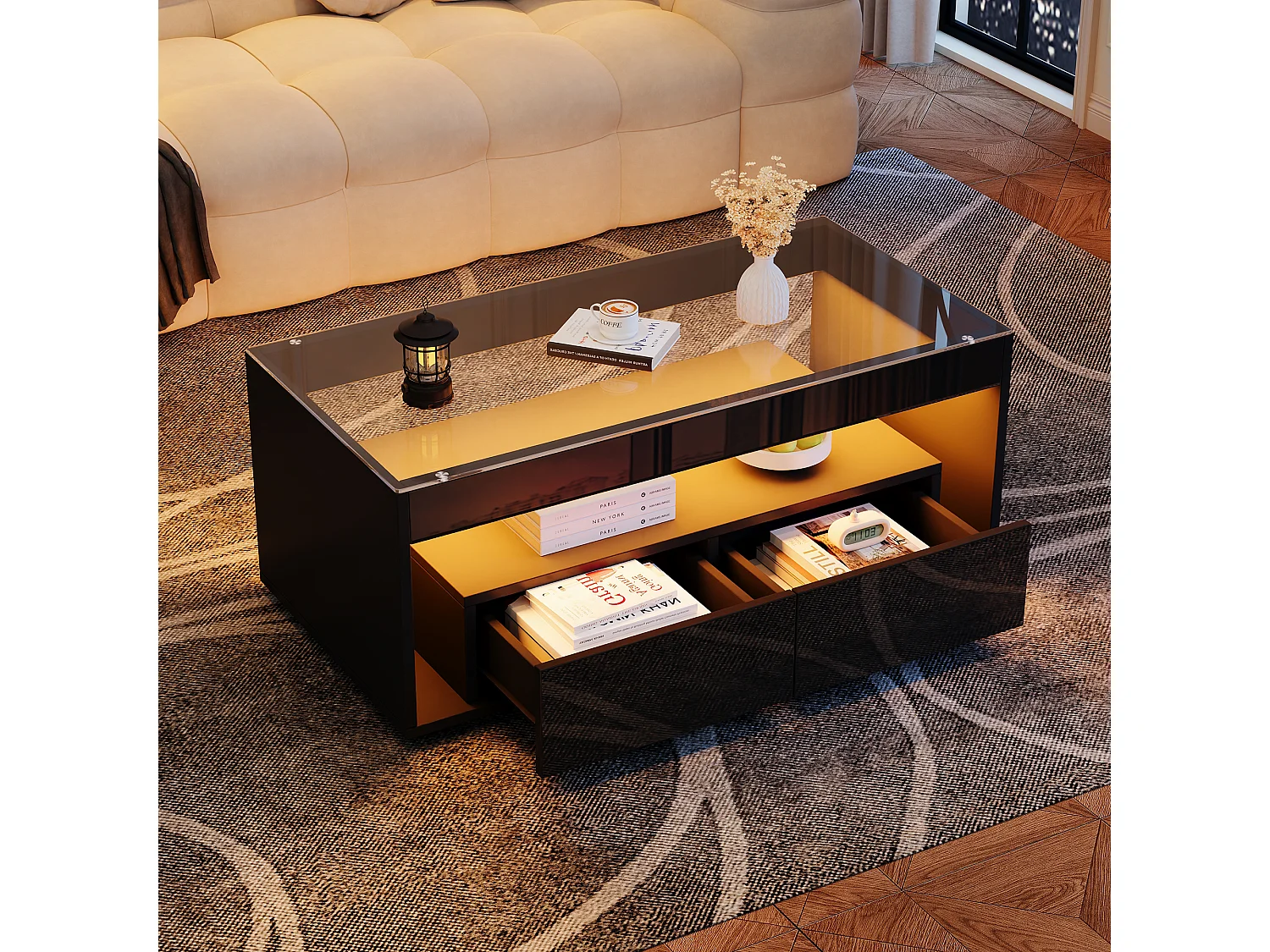 Mesa de centro moderna con 2 cajones y estantes, LED, tapa de cristal templado, superficie lacada en negro.