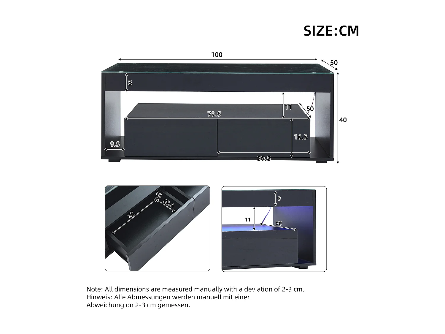 Mesa de centro moderna con 2 cajones y estantes, LED, tapa de cristal templado, superficie lacada en negro.