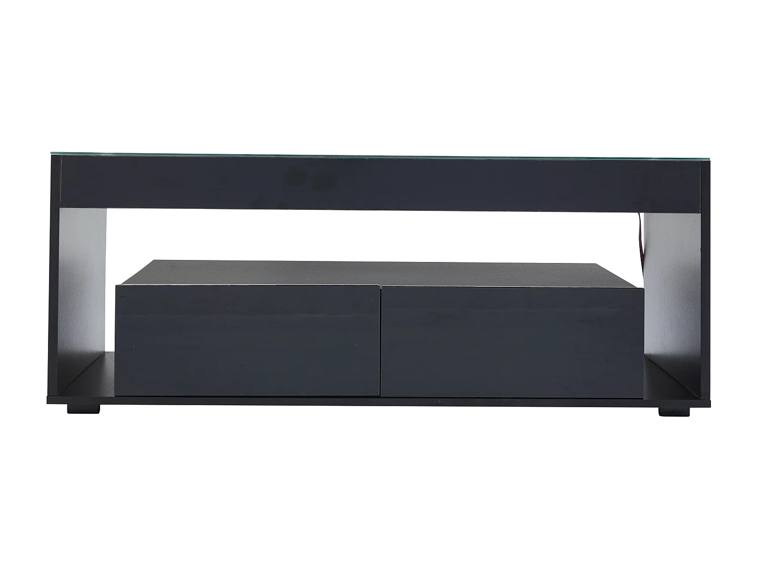 Mesa de centro moderna con 2 cajones y estantes, LED, tapa de cristal templado, superficie lacada en negro.