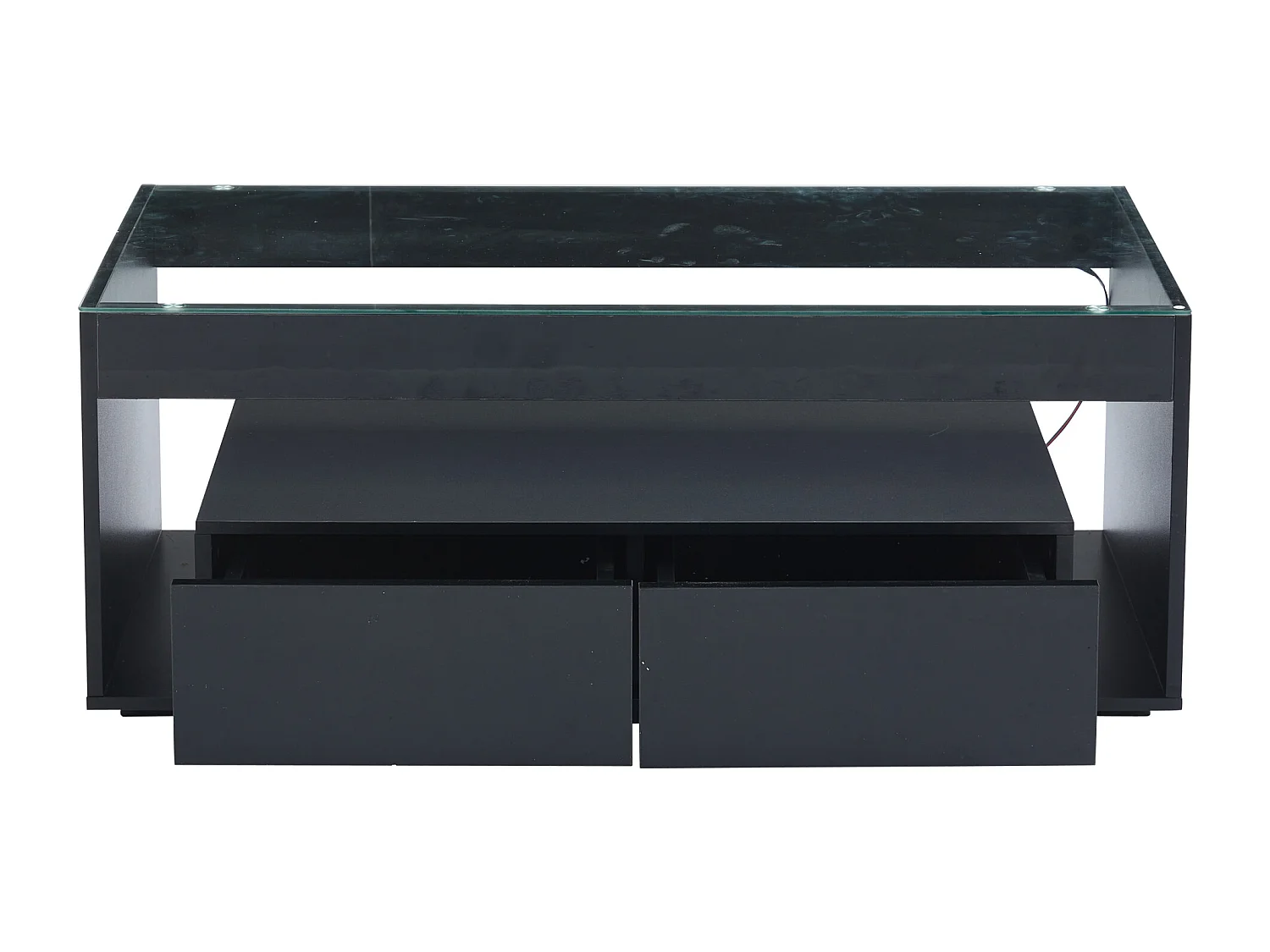 Mesa de centro moderna con 2 cajones y estantes, LED, tapa de cristal templado, superficie lacada en negro.
