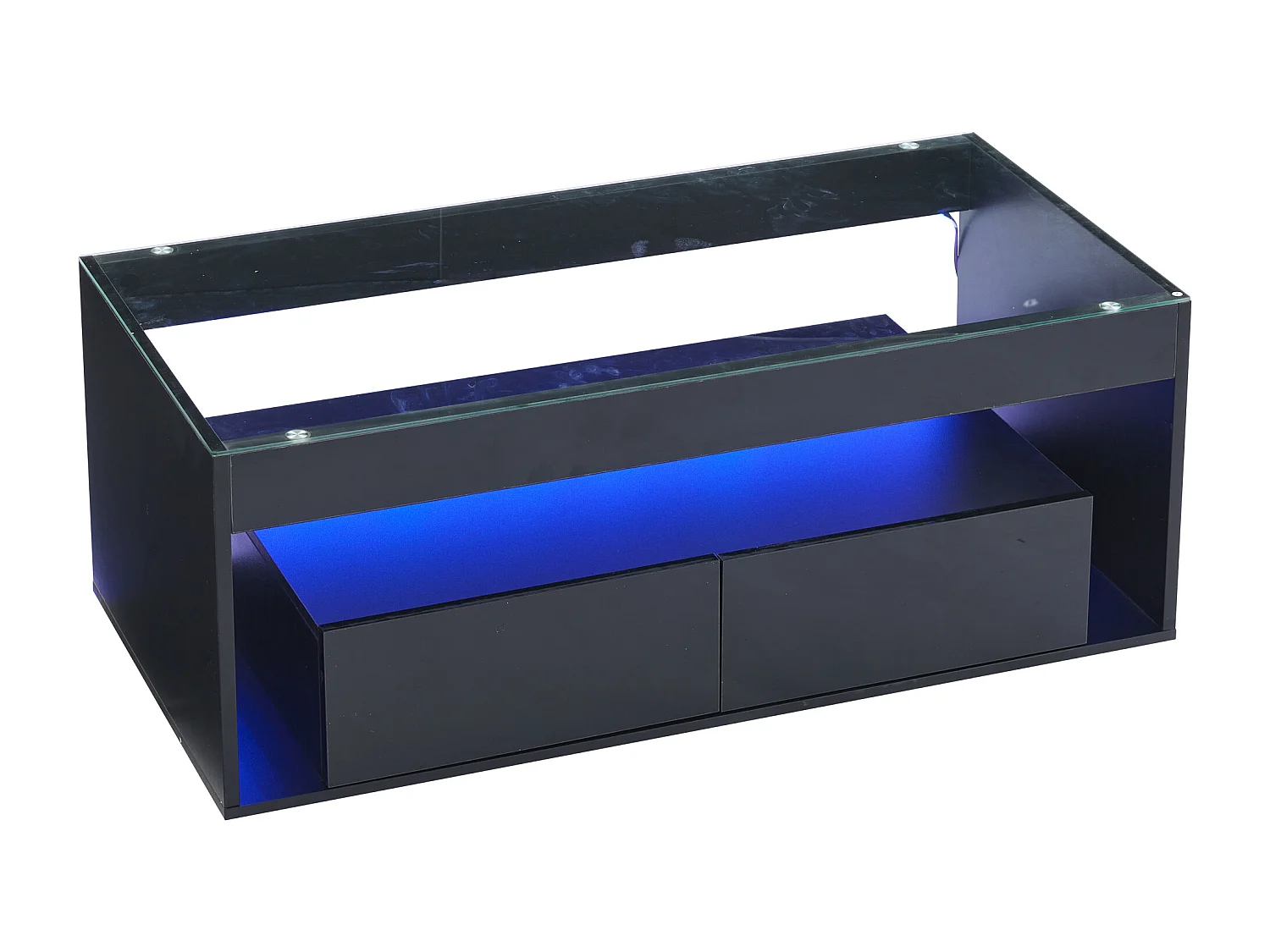 Mesa de centro moderna con 2 cajones y estantes, LED, tapa de cristal templado, superficie lacada en negro.