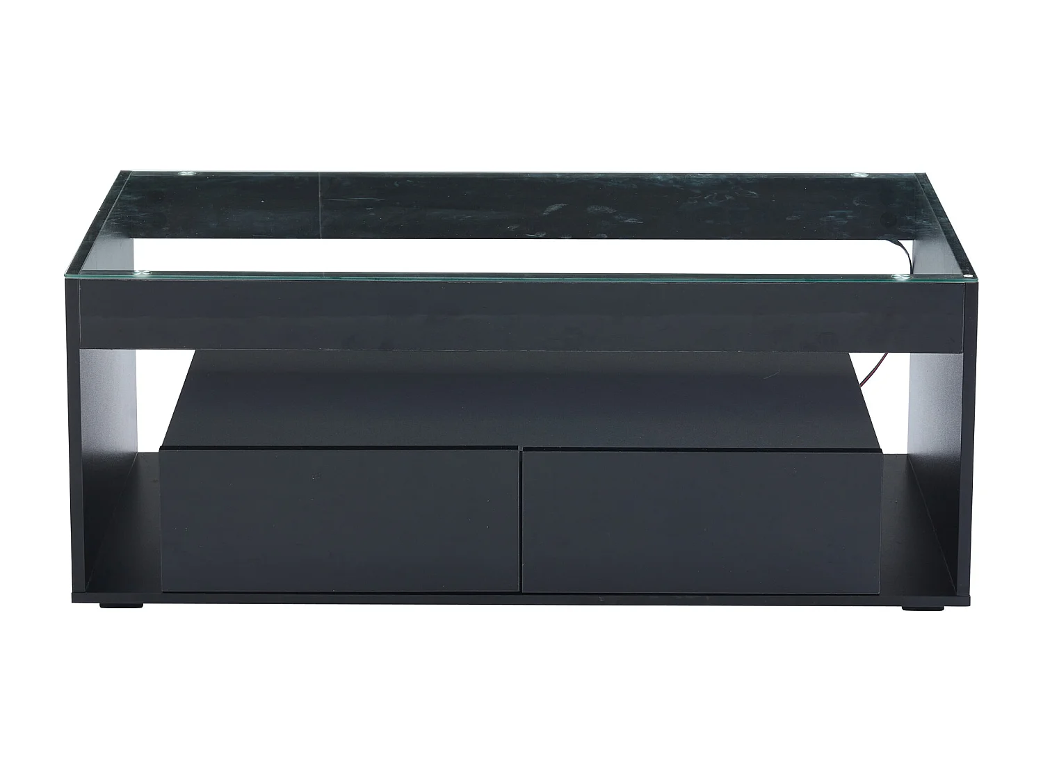 Mesa de centro moderna con 2 cajones y estantes, LED, tapa de cristal templado, superficie lacada en negro.