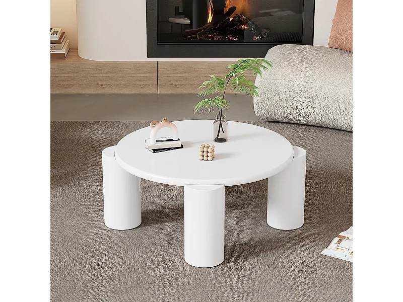 Table basse moderne rond en MDF blanc avec 4 pieds robustes
