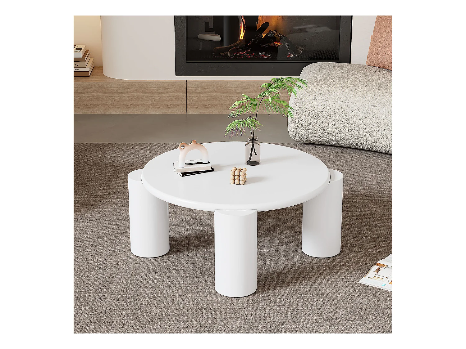 Tavolino rotondo moderno in MDF bianco con 4 gambe robuste