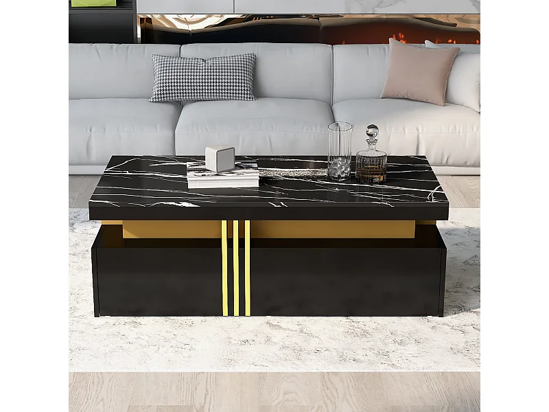 Moderne salontafel met 2 lades in zwart marmerfineer, gouden metalen zijkanten