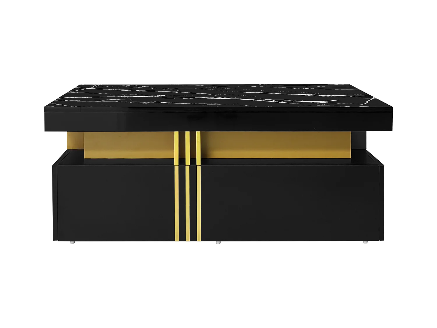 Table basse moderne avec 2 tiroirs en placage marbre noir, bordures latérales en métal doré