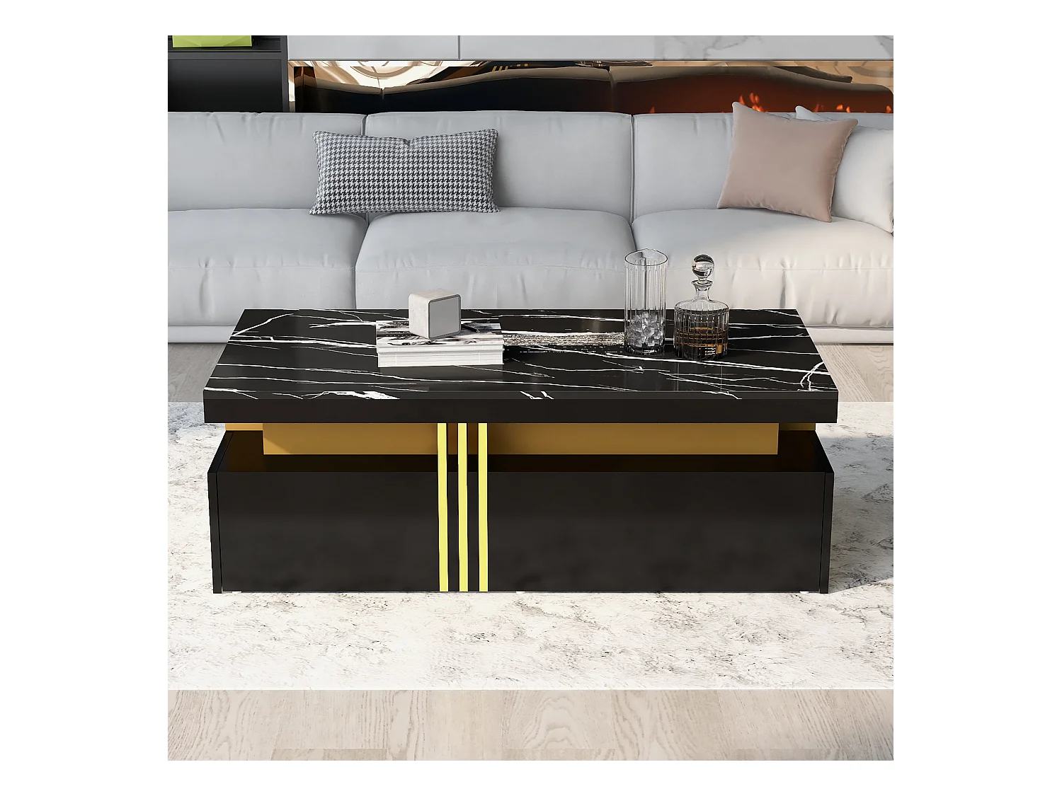Mesa de centro moderna con 2 cajones en chapa de mármol negro, bordes laterales de metal dorado.