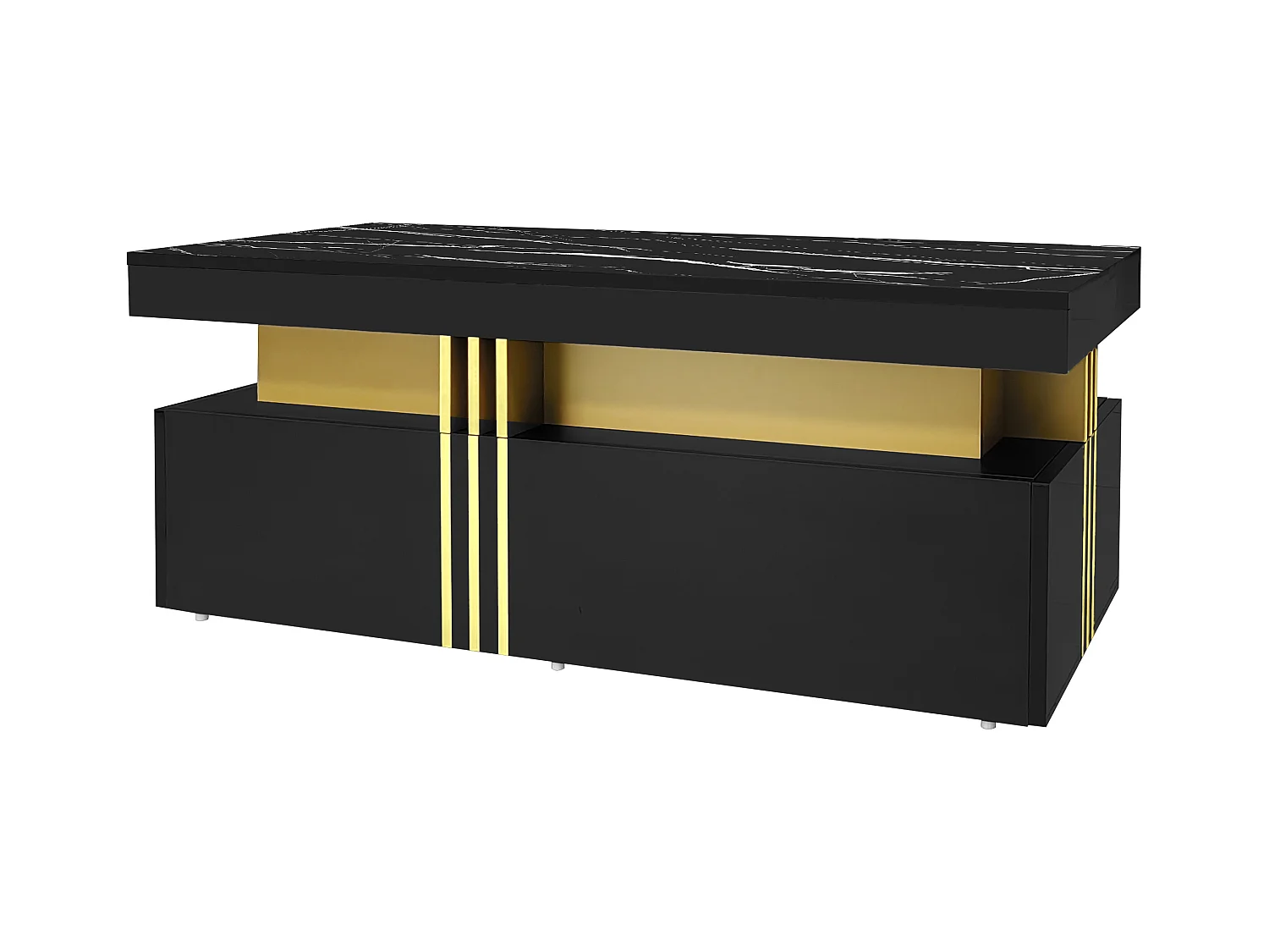 Table basse moderne avec 2 tiroirs en placage marbre noir, bordures latérales en métal doré