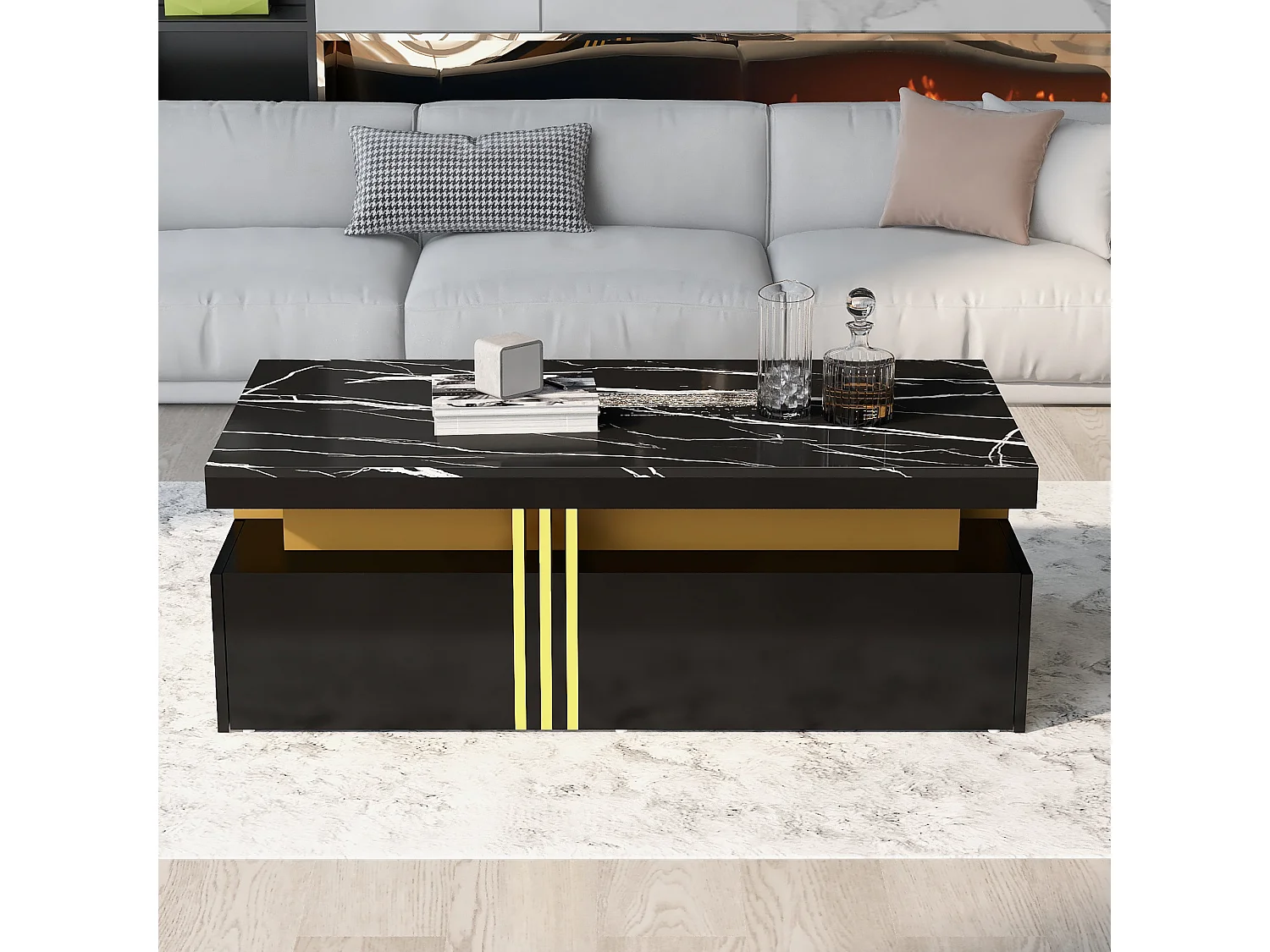 Table basse moderne avec 2 tiroirs en placage effet marbre noir, bordures latérales en métal doré